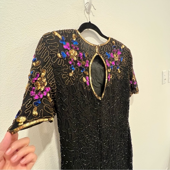 Vtg Sténay Black Gold Beaded Sequin Trophy Dress Silk India Size Xl Holidays - Picture 11 of 16